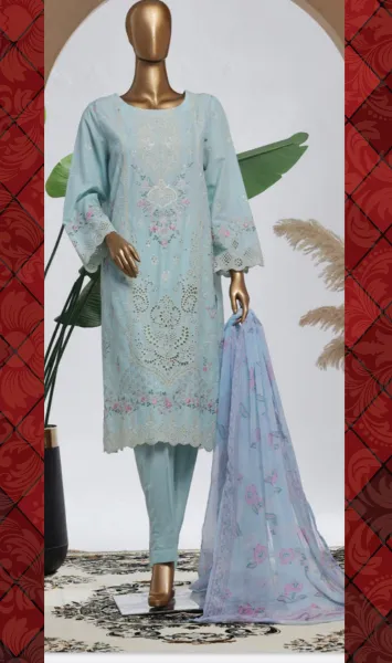 Pakistani Original Bin Saeed Luxury Plain Cotton Stitched 3 Pcs _ Powder Blue 